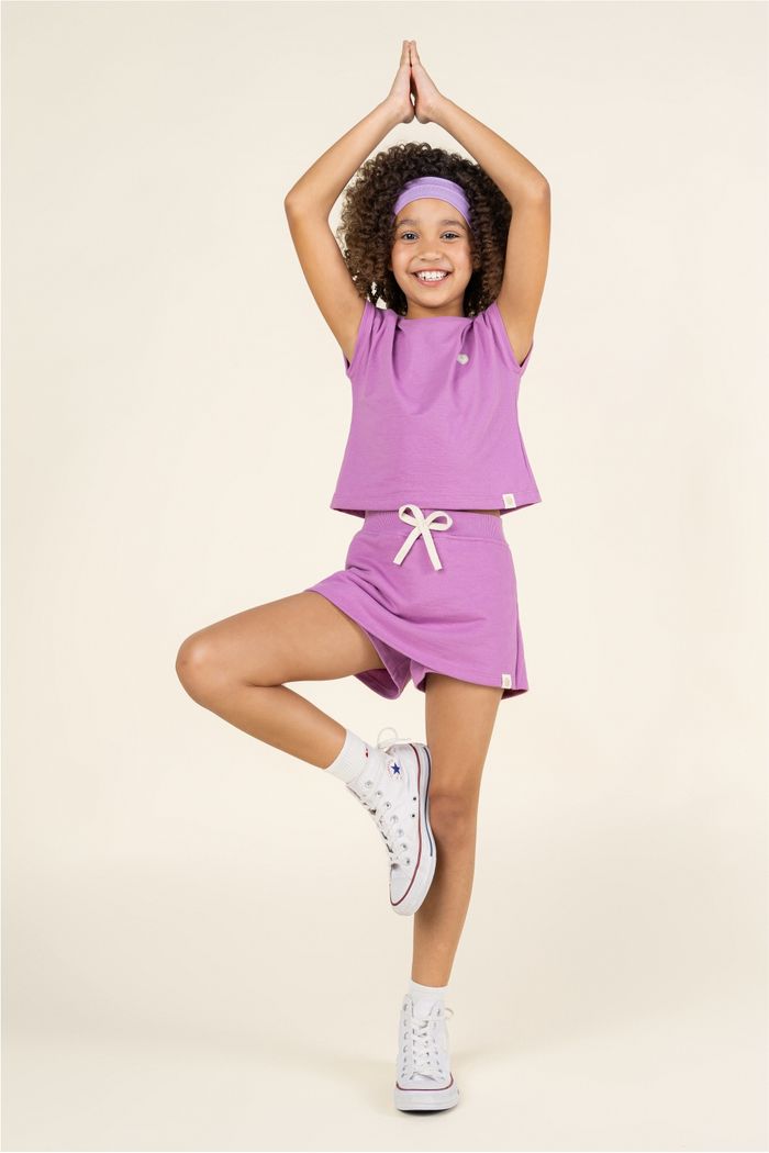Conjunto Menina Blusa Manga Japonesa Lilás Lavanda e Shorts Saia Lilás Lavanda