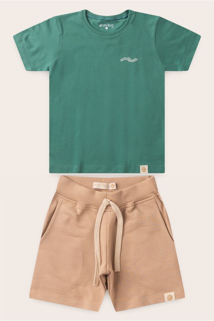 Conjunto Menino Camiseta Verde Folha e Bermuda Bege Kraft