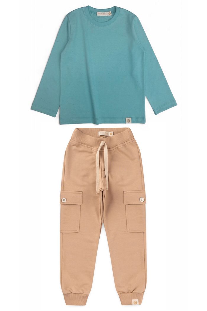 Conjunto Infantil Menino de Camiseta Longa e Calça Jogger - Verde Acqua / Bege Kraft