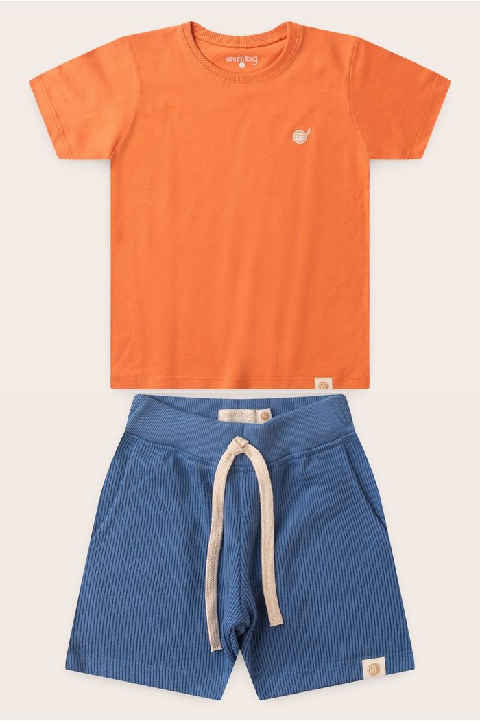 Conjunto Menino Camiseta Laranja Tangerina e Bermuda Azul Anil