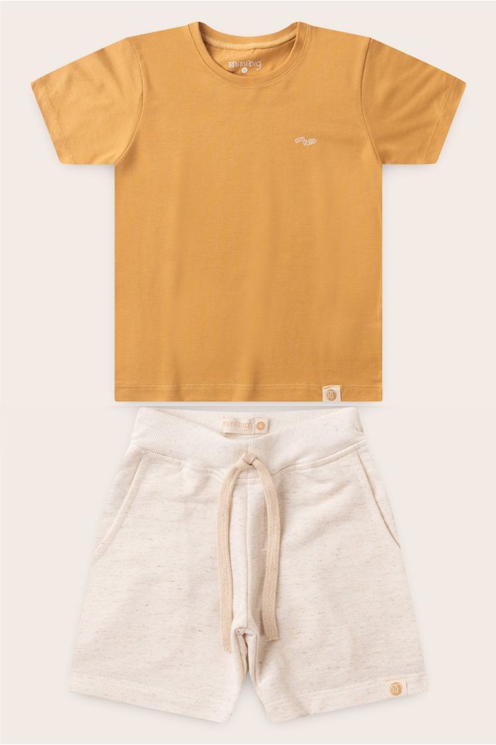 Conjunto Menino Camiseta Amarelo Âmbar e Bermuda Off Natural