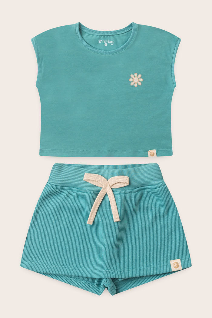 Conjunto Menina Blusa Manga Japonesa Verde Acqua e Shorts Saia Verde Acqua