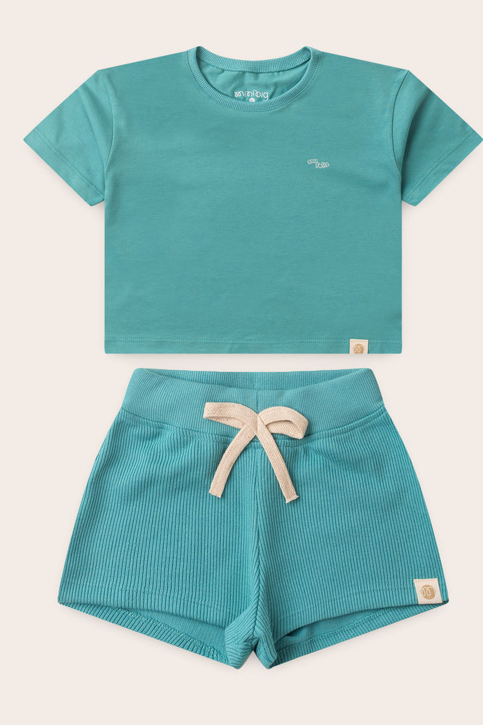 Conjunto Menina Blusa Box Manga Curta Verde Acqua e Shorts Verde Acqua
