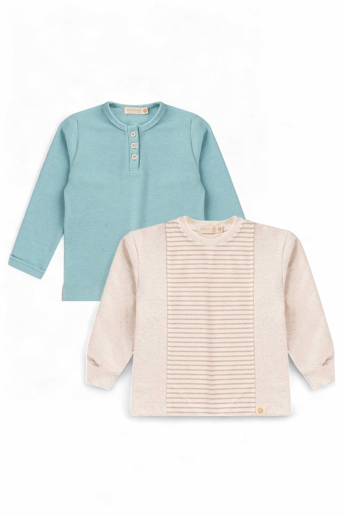 Combo 2 Blusas - Blusa Henley Com Botões Verde Acqua  + Blusa Moletom Duo Listrado/Off