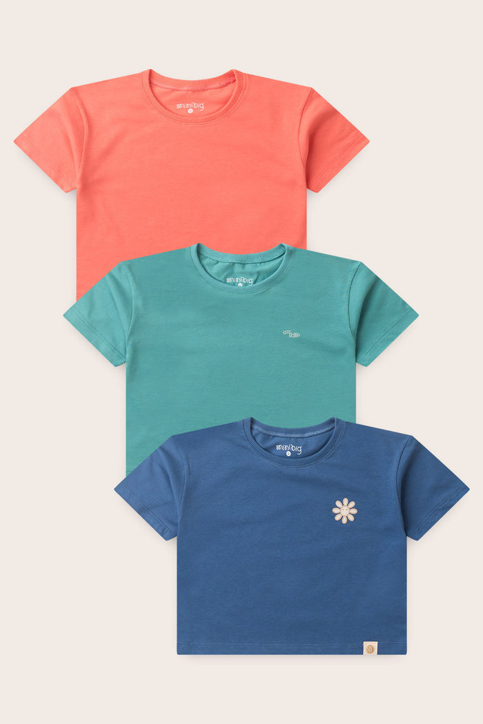 Combo 3 Blusas Box Menina Manga Curta - Rosa Coral - Verde Acqua - Azul Anil