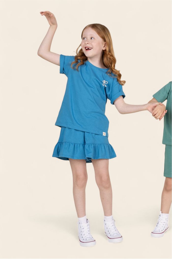 Conjunto Menina Blusa Over Manga Curta Azul Turquesa e Shorts Babado - Azul Turquesa