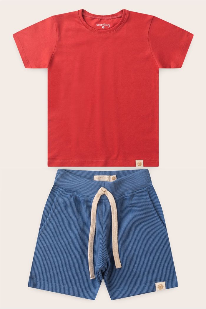 Conjunto Menino Camiseta Vermelho Cedro e Bermuda Azul Anil