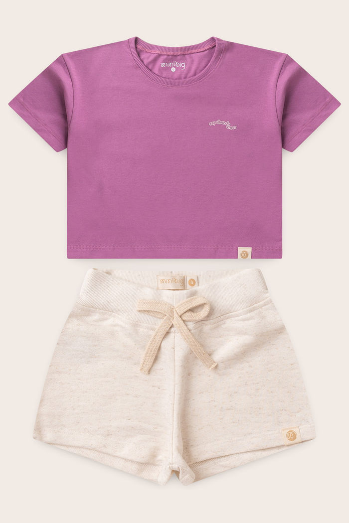 Conjunto Menina Blusa Box Manga Curta Lilas Lavanda e Shorts Off Natural