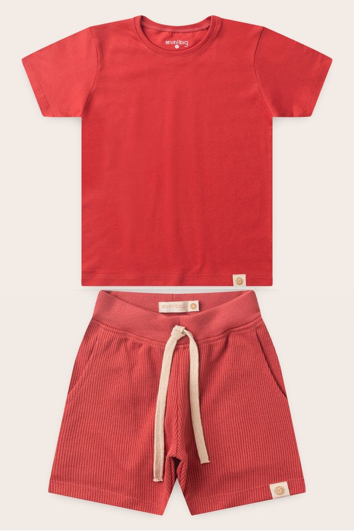 Conjunto Menino Camiseta Vermelho Cedro e Bermuda Vermelho Cedro