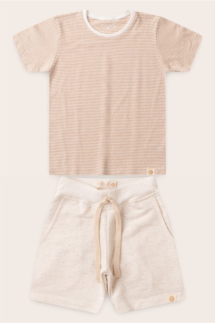 Conjunto Menino Camiseta Listrada Off - Bege e Bermuda Off Natural