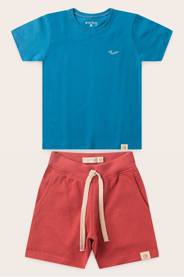 Conjunto Menino Camiseta Azul Turquesa e Bermuda Vermelho Cedro