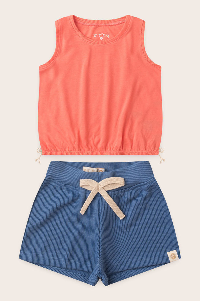 Conjunto Menina Regata Rosa Coral e Shorts Azul Anil