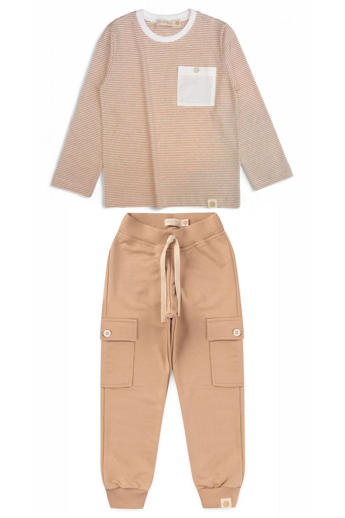 Conjunto Infantil Menino de Camiseta Longa e Calça Jogger - Listrado Off-Bege / Bege Kraft