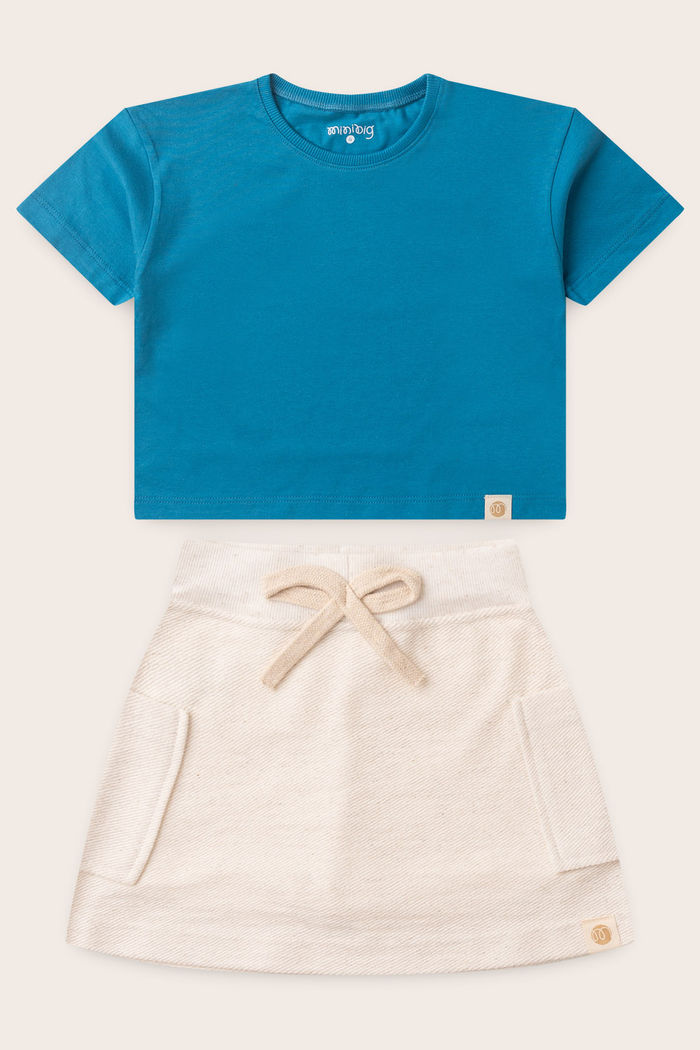 Conjunto Menina Blusa Box Manga Curta Azul Turquesa e Saia com Shorts Off Natural