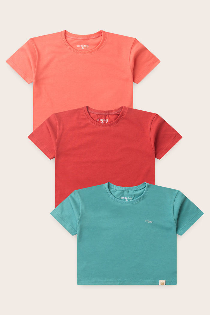 Combo 3 Blusas Box Menina Manga Curta - Rosa Coral - Vermelho Cedro - Verde Acqua