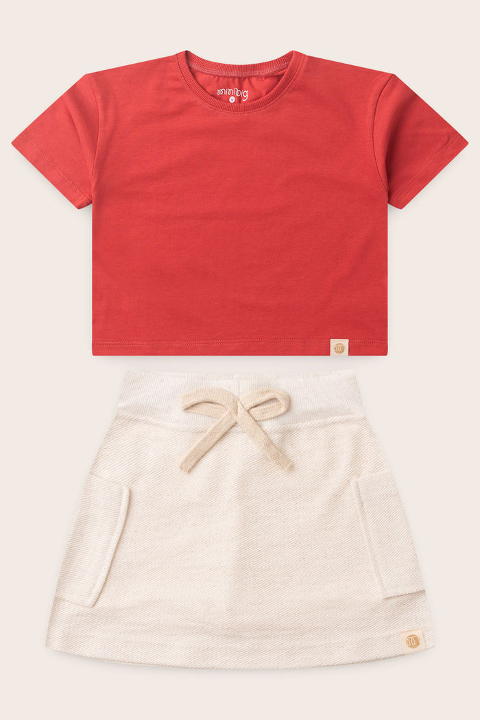 Conjunto Menina Blusa Box Manga Curta Vermelho Cedro e Saia com Shorts Off Natural