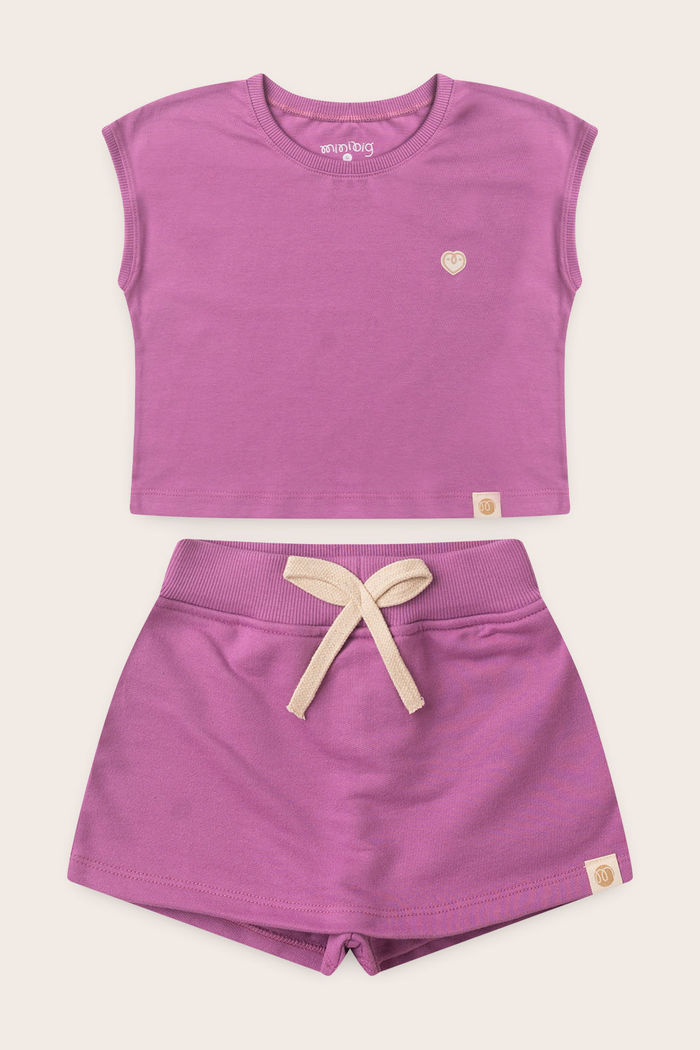Conjunto Menina Blusa Manga Japonesa Lilás Lavanda e Shorts Saia Lilás Lavanda