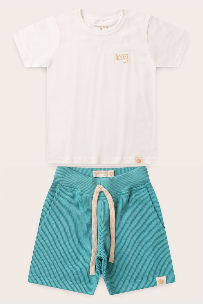 Conjunto Menino Camiseta Off Natural e Bermuda Verde Acqua