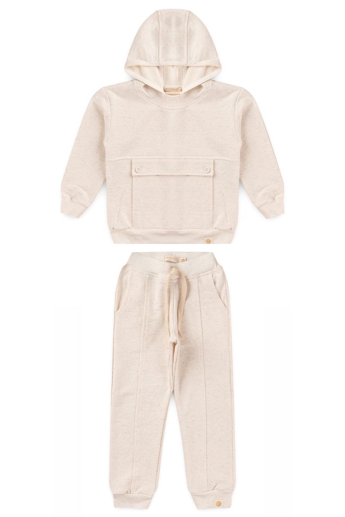 Conjunto Infantil Menino De Blusa Hoodie Com Capuz e Calça Jogger Moletom Super Sustentável - Off Natural