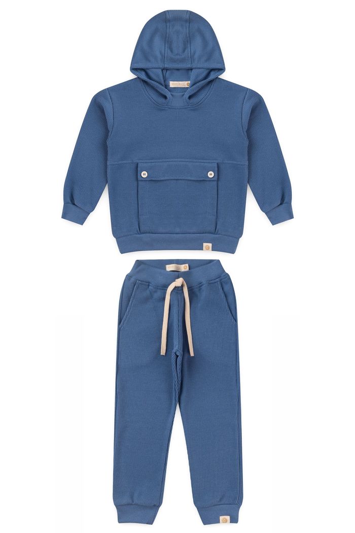 Conjunto Infantil Menino De Blusa Hoodie Com Capuz e Calça Jogger Moletom Texturizado Algodão Sustentável - Azul Anil