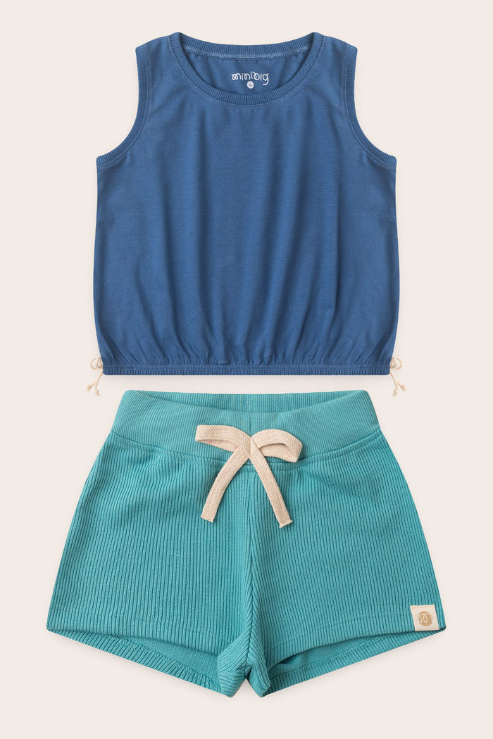 Conjunto Menina Regata Azul Anil e Shorts Verde Acqua