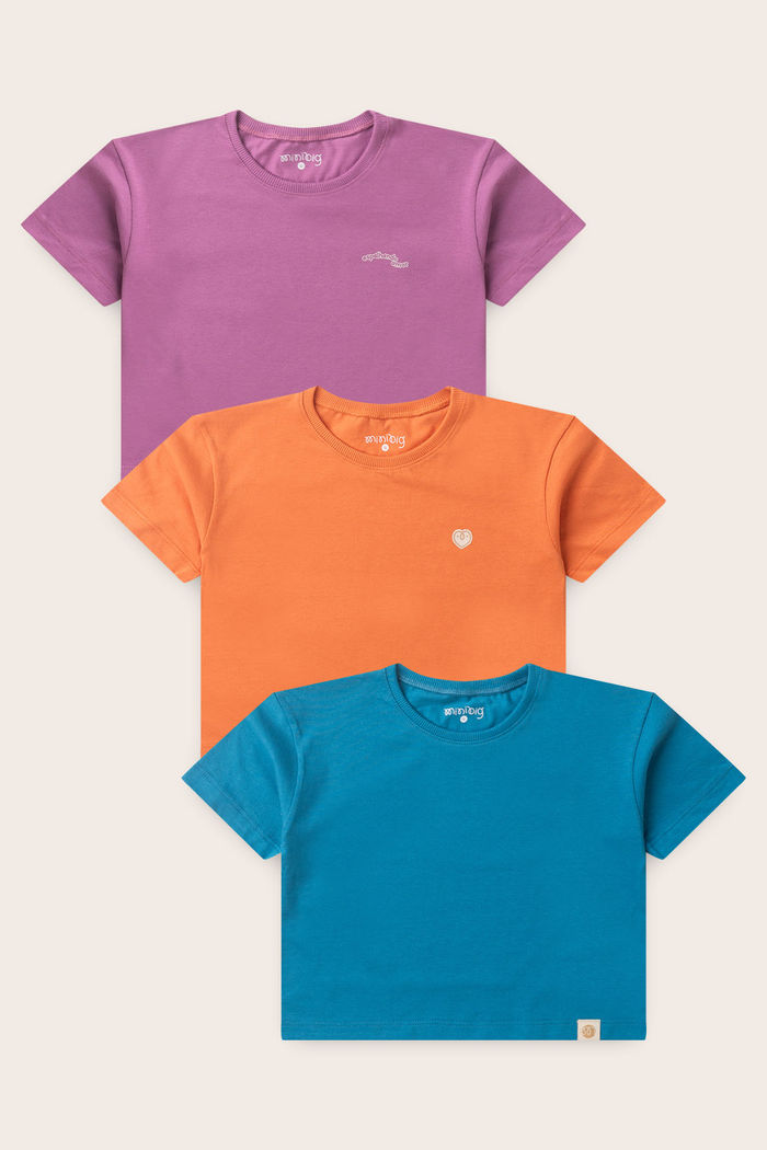 Combo 3 Blusas Box Menina Manga Curta - Lilás Lavanda - Laranja Tangerina - Azul Turquesa