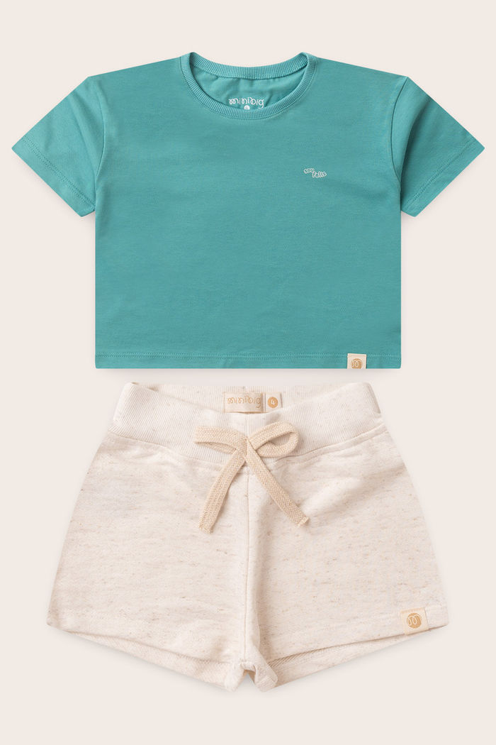 Conjunto Menina Blusa Box Manga Curta Verde Acqua e Shorts Off Natural