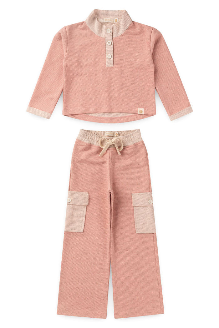 Conjunto Infantil Menina De Blusa e Calça Wide Leg Moletom Linho Sustentável - Rosa