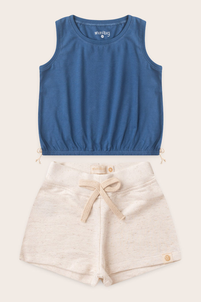 Conjunto Menina Regata Azul Anil e Shorts Off Natural
