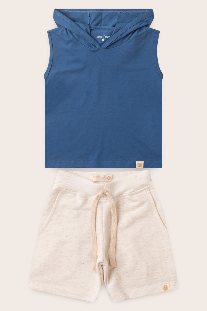 Conjunto Menino Regata Over com Capuz Azul Anil e Bermuda Off Natural