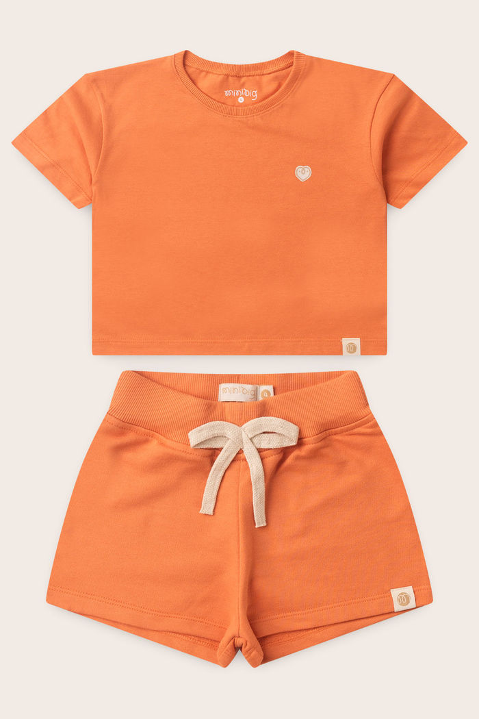 Conjunto Menina Blusa Box Manga Curta Laranja Tangerina e Shorts Laranja Tangerina