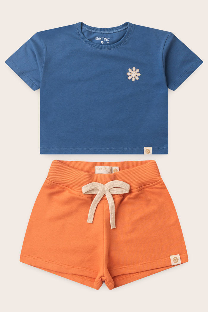 Conjunto Menina Blusa Box Manga Curta Azul Anil e Shorts Laranja Tangerina