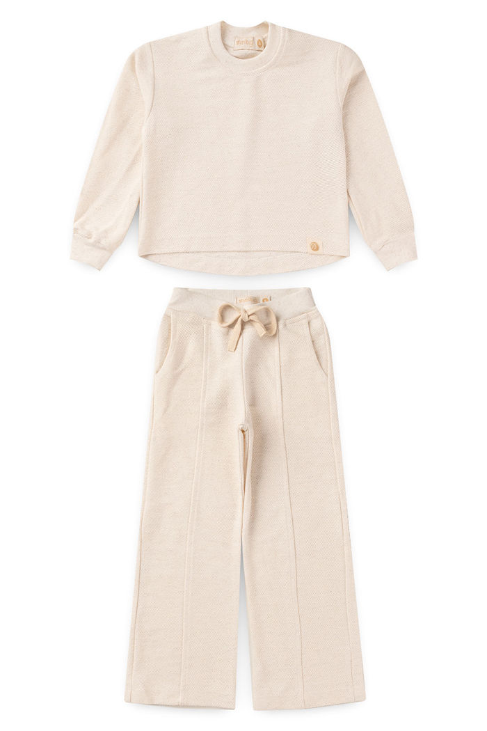 Conjunto Infantil Menina De Blusa e Calça Wide Leg Moletom Super Sustentável - Off Natural