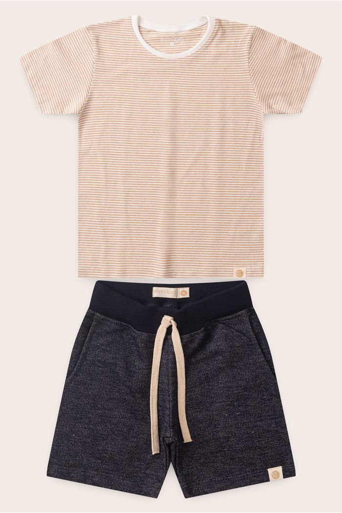 Conjunto Menino Camiseta Listrada Off - Bege e Bermuda Azul Índigo