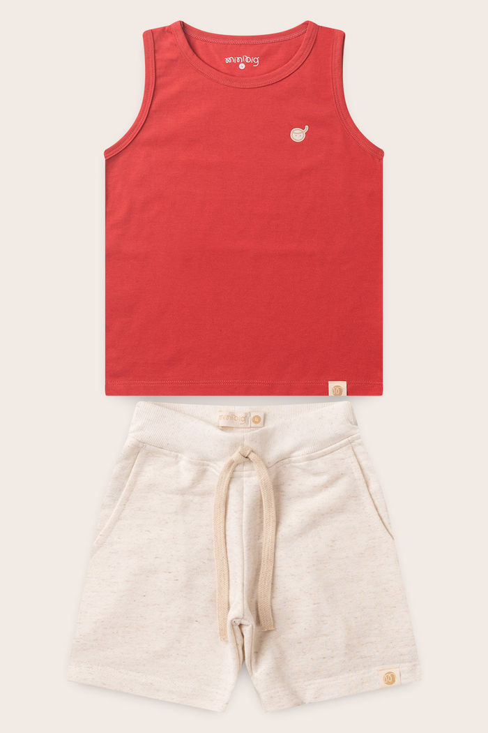Conjunto Menino Regata Vermelho Cedro e Bermuda Off Natural