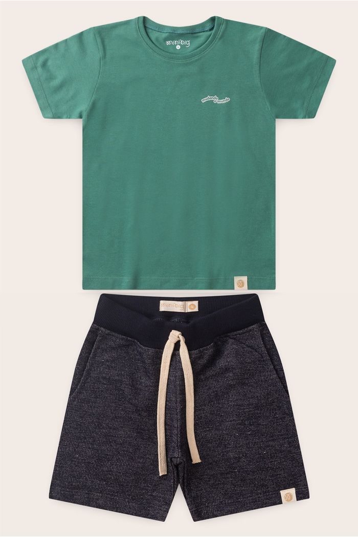Conjunto Menino Camiseta Verde Folha e Bermuda Azul Indigo