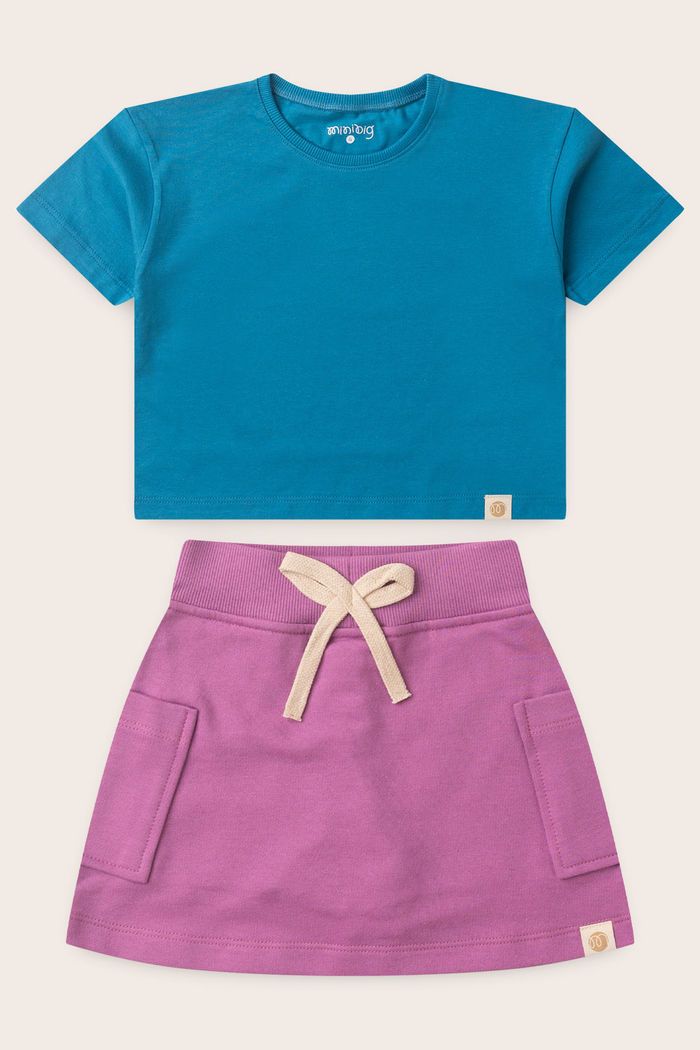 Conjunto Menina Blusa Box Manga Curta Azul Turquesa e Saia com Shorts Lilás Lavanda