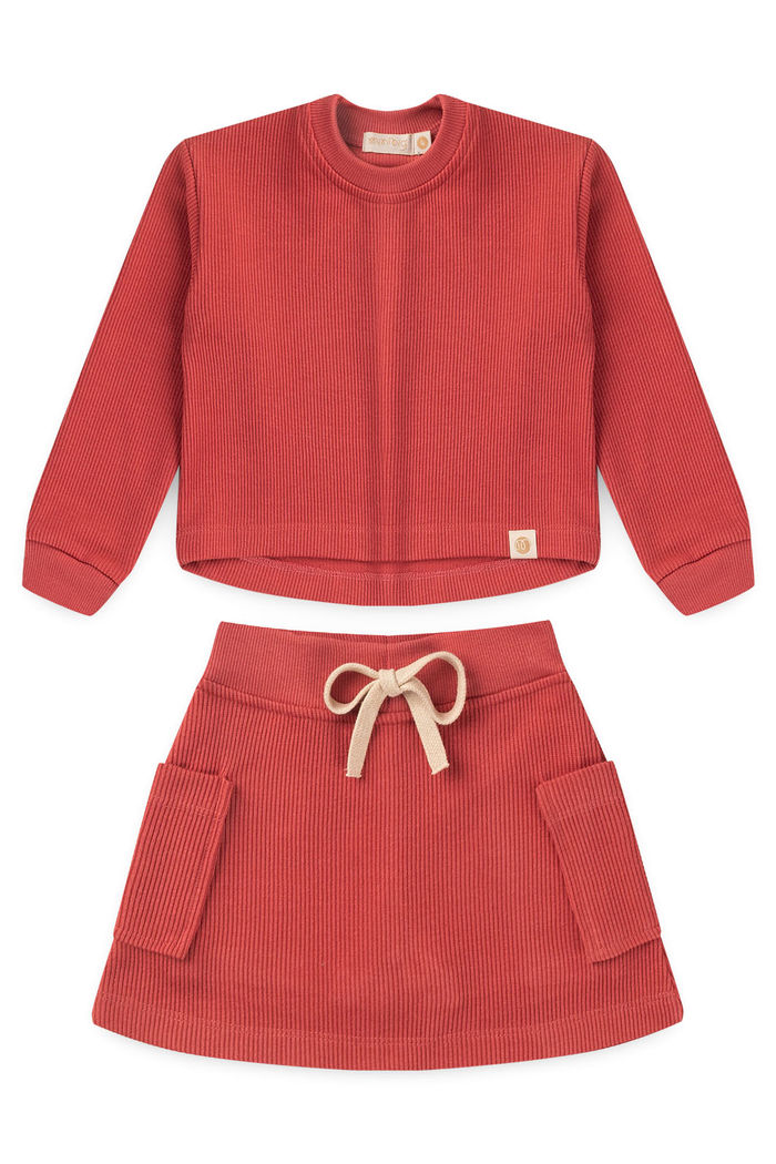 Conjunto Infantil Menina De Blusa e Saia Moletom Texturizado Algodão Sustentável - Vermelho Cedro