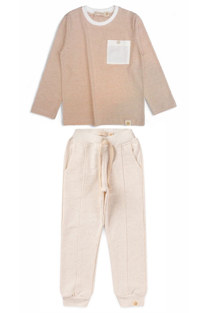 Conjunto Infantil Menino de Camiseta Longa e Calça Jogger - Listradro Off-Bege / Off Natural