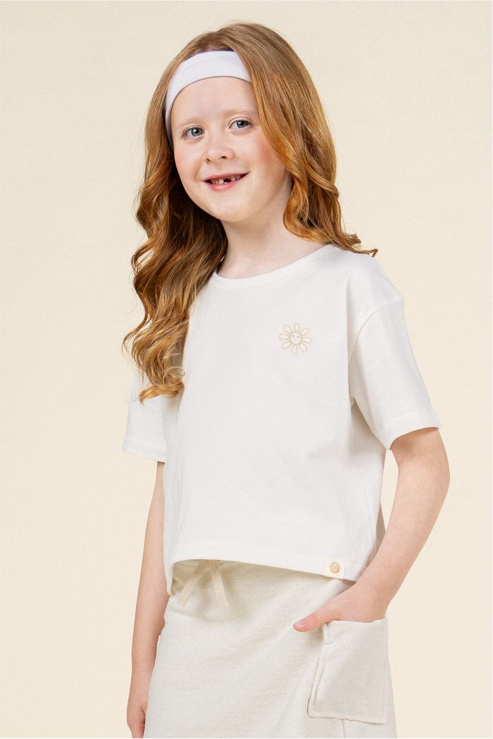 Blusa Box Manga Curta Menina 100% Algodão - Off Natural