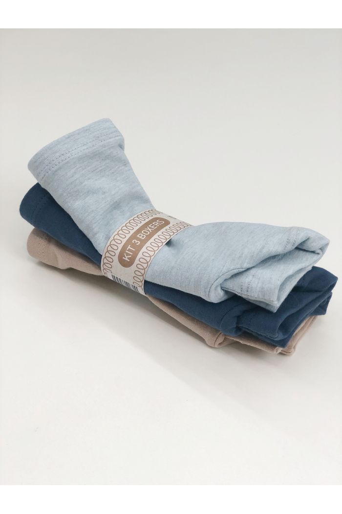 Kit 3 Peças Boxer Infantil Menino - 1 Bege Kraft, 1 Azul Anil Luar e 1 Azul Anil Escuro