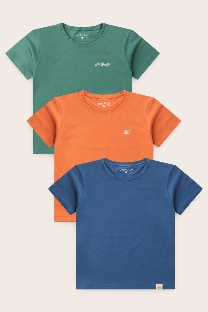 Combo 3 Camisetas Menino - Verde Folha - Laranja Tangerina - Azul Anil