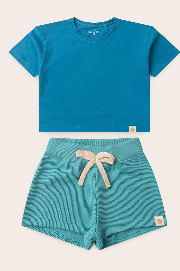 Conjunto Menina Blusa Box Manga Curta Azul Turquesa e Shorts Verde Acqua