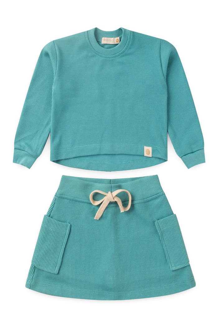 Conjunto Infantil Menina De Blusa e Saia Moletom Texturizado Algodão Sustentável - Verde Acqua