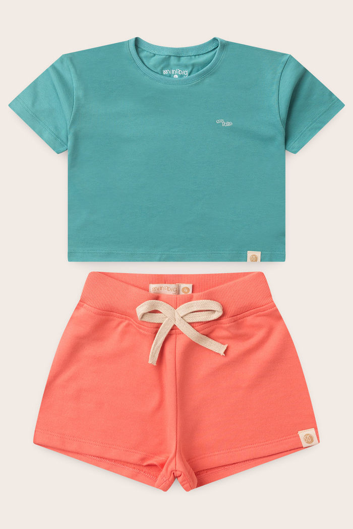 Conjunto Menina Blusa Box Manga Curta Verde Acqua e Shorts Rosa Coral