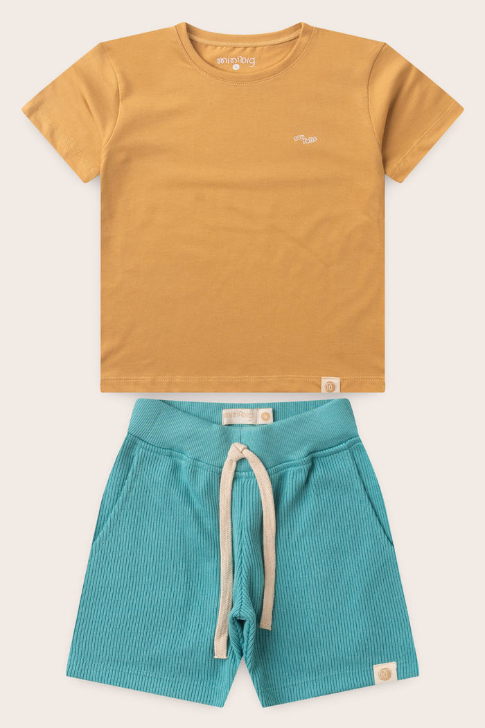 Conjunto Menino Camiseta Amarelo Âmbar e Bermuda Verde Acqua