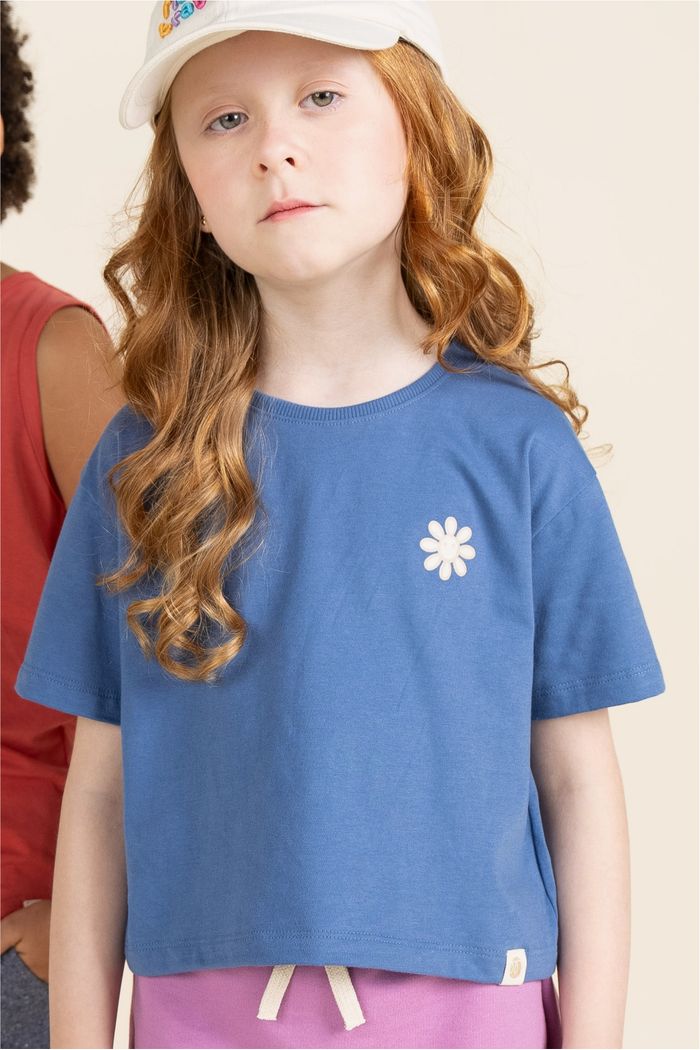 Blusa Box Manga Curta Menina 100% Algodão - Azul Anil