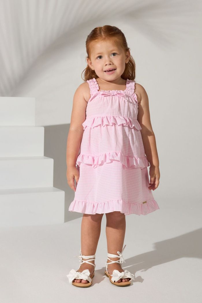 Vestido xadrez rosa com babados