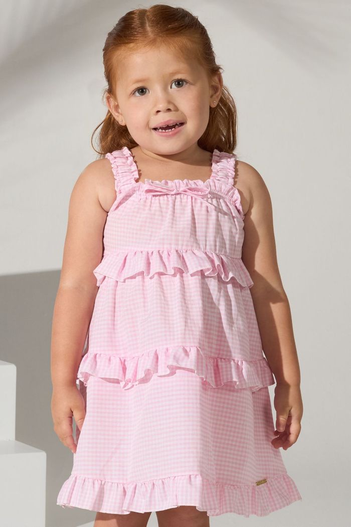 Vestido xadrez rosa com babados