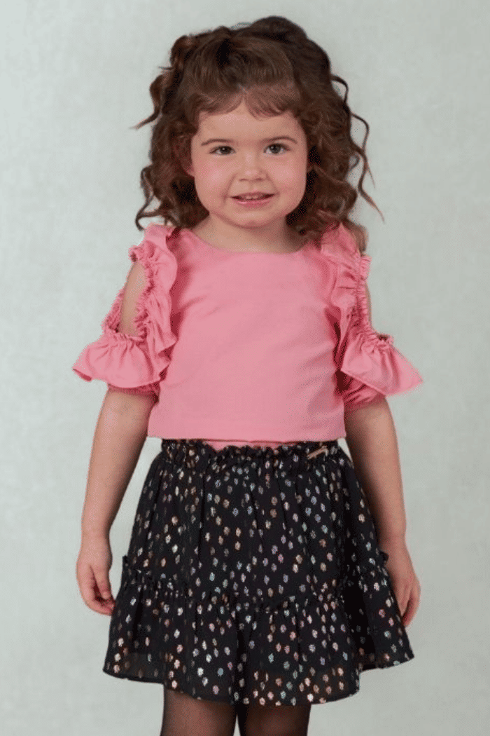 Conjunto blusa rosa e saia de chiffon estampada